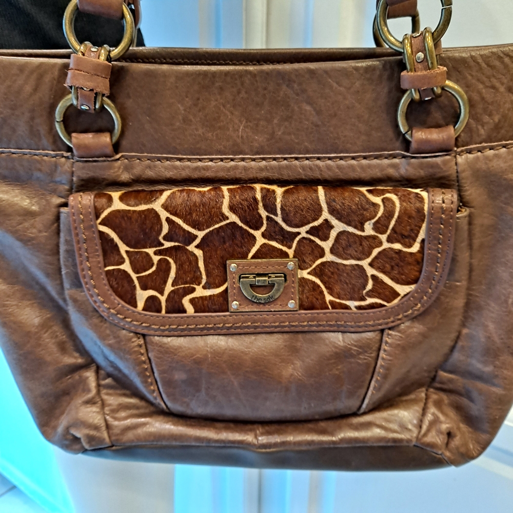 The Sak Brown Leather Shoulder Bag with Animal Print